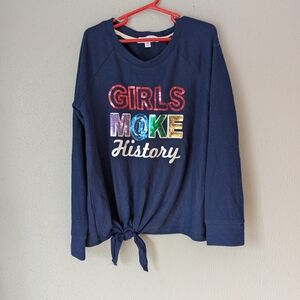 Navy Long Sleeve Kids Tee with Colorful Girls Make History Sequins M